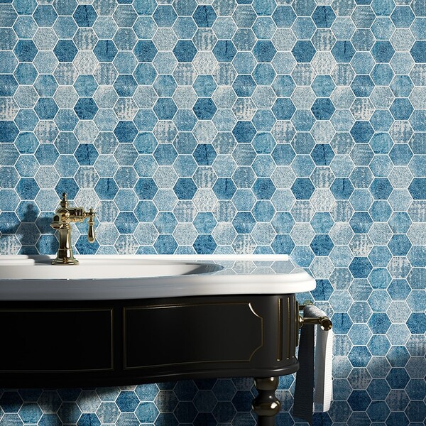 Blue hexagon tiles in a bathroom 