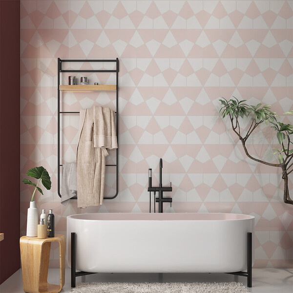 Alternating pink and white diamante ceramic tiles in a bathroom 