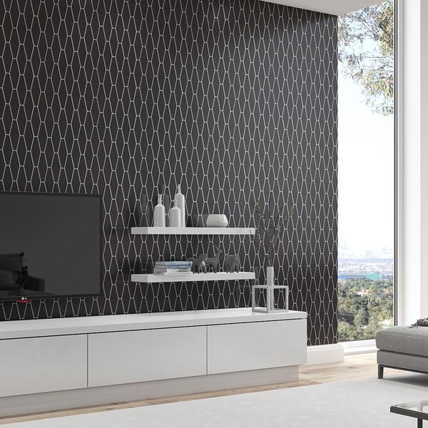Sleek black hexagon tiles in a living room 