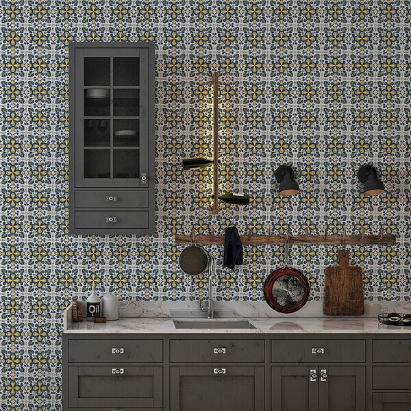 Antique floral ceramic tiles in a kitchen