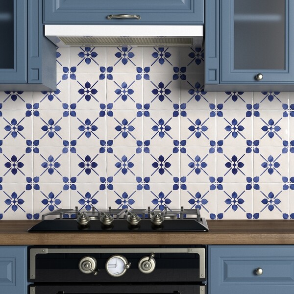 Classic blue and white ceramic tile kitchen backsplash